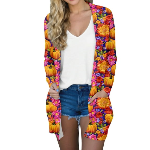 WTOBBY Women's Fashion Halloween Printed Mid-Length Cardigan Jacket Casual Comfortable Open Front Cover Up With Pockets Long Sleeve Fall Top,Vermilion M