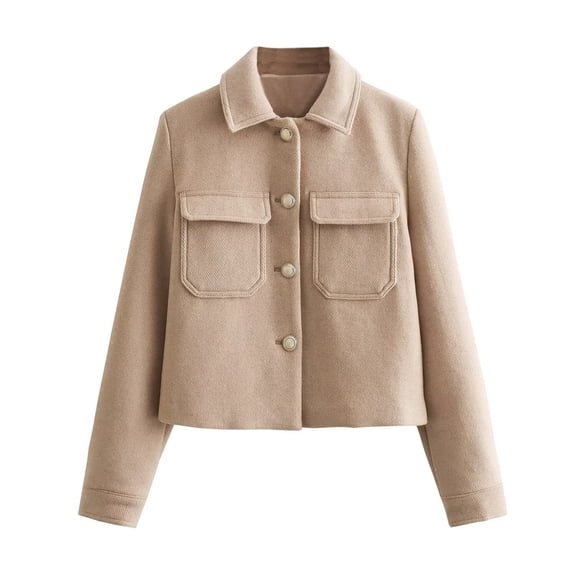WTOBBY Women's Fashion Lapel Pocket Decorative Zipper Jacket Coat Women, Trendy and Functional Jacket with Lapel and Pocket Details for Daily Use,Khaki XS