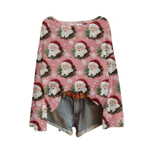 WTOBBY Women's Fashion Lightweight Christmas Print Sweater Blouse, 3/4 Sleeve Round Neck Pullover, Holiday Casual Top for Seasonal Wear,Watermelon Red S