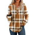 thumbnail image 1 of WTOBBY Women's Fashion Lightweight Long Sleeve Pullover with Pockets Preppy Graphic Hoodie, Retro Button Plaid Design for Casual Wear, Comfortable and Stylish for Daily Use,Saffron L, 1 of 3