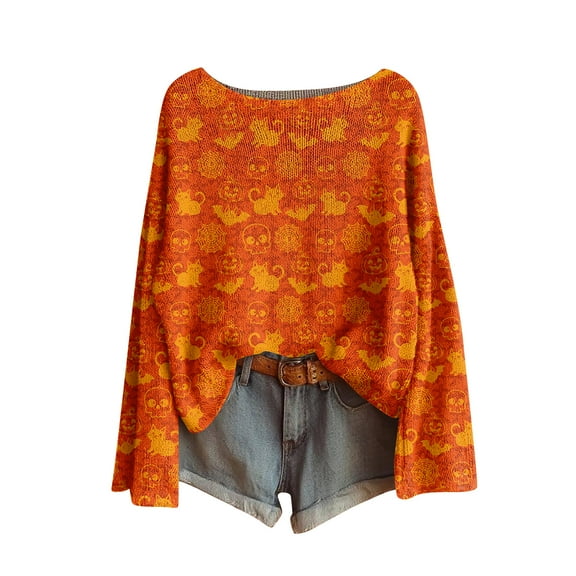 WTOBBY Women's Fashion Long Sleeve Halloween Print Sweater, Themed Pullover with Spooky Designs, Cozy and Stylish Top for Fall Parties and Events,Orange S