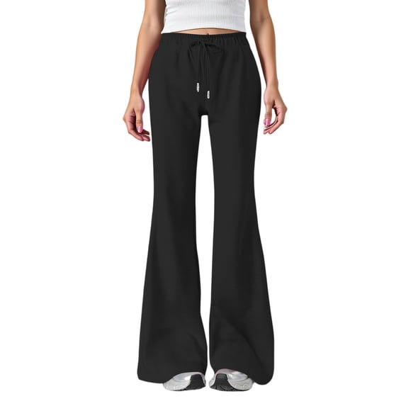 WTOBBY Women's Fashion Loose Drawstring Waist Solid Color Cargo Pants, Elastic Band Flare Leg Joggers Casual Comfortable Athletic Wear for Women,Black L