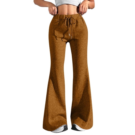 WTOBBY Women's Fashion Loose Drawstring Waist Solid Color Cargo Pants, Leisure Flares for Casual Wear, Comfortable Fit with Adjustable Waist,Light Brown L