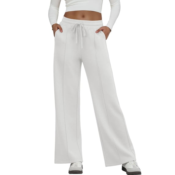 WTOBBY Women's Fashion Loose-Fit Solid Color Sweatpants with Pocketed Elastic Waist and Drawstring, Comfortable Sporty Pants for Casual Wear,White L