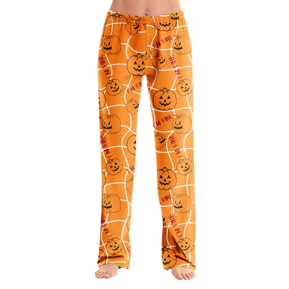 WTOBBY Women's Fashion Loose Halloween Print Casual Pants Home Sleep Pants without Drawstring Elastic Waist Comfy Straight Yoga Trousers for Lounge,Saffron S