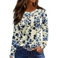 thumbnail image 1 of WTOBBY Women's Fashion Loose Long Sleeve Floral Print Hem Slit Round Neck T-shirt Top Casual Wear Soft Material Comfort Fit Ideal for Layering Piece Daily Outfit US Market,Royal Blue S, 1 of 5