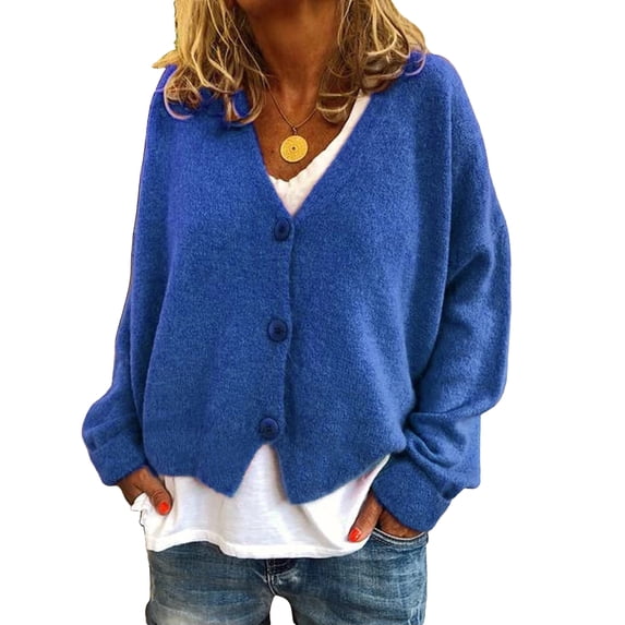WTOBBY Women's Fashion Oversized Knit Cardigan Sweater with Buttons Long Sleeves Solid Color Jacket, Comfortable and Stylish Top for Layering in Cool Weather,Blue XL