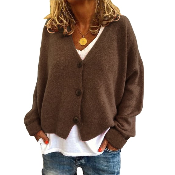 WTOBBY Women's Fashion Oversized Knit Cardigan Sweater with Buttons Long Sleeves Solid Color Jacket, Comfortable and Stylish Top for Layering in Cool Weather,Coffee L