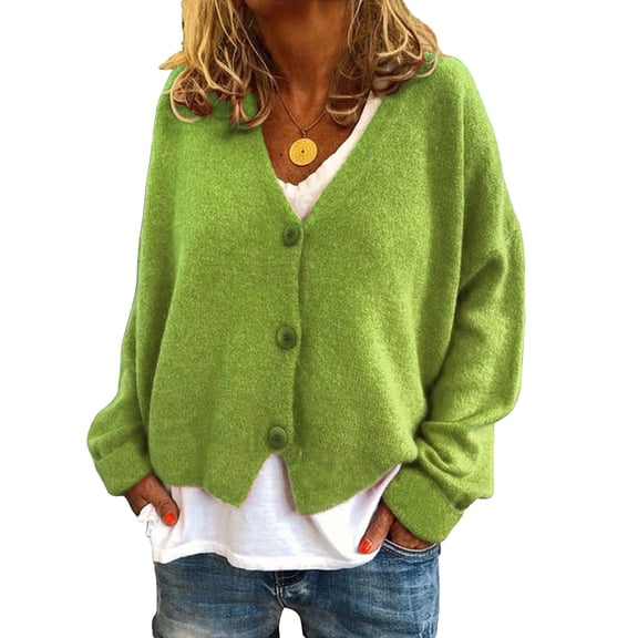 WTOBBY Women's Fashion Oversized Knit Cardigan Sweater with Buttons Long Sleeves Solid Color Jacket, Comfortable and Stylish Top for Layering in Cool Weather,Fluorescent Green 2XL