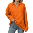 thumbnail image 1 of WTOBBY Women's Fashion Oversized Solid Color V-Neck Sweatshirt Long Sleeve Casual Top, Polo Style Shirt for Women, Loose Fit for Comfort and Style in Everyday Wear,Orange L, 1 of 6
