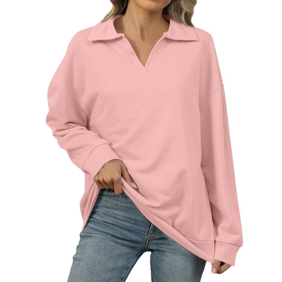 WTOBBY Women's Fashion Oversized Solid Color V-Neck Sweatshirt Long Sleeve Casual Top, Polo Style Shirt for Women, Loose Fit for Comfort and Style in Everyday Wear,Pink L