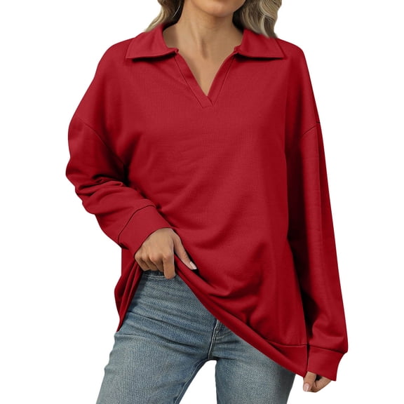WTOBBY Women's Fashion Oversized Solid Color V-Neck Sweatshirt Long Sleeve Casual Top, Polo Style Shirt for Women, Loose Fit for Comfort and Style in Everyday Wear,Red L