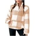 thumbnail image 1 of WTOBBY Women's Fashion Plaid Fleece Half Zipper Long Sleeve Sweatshirt Top, Casual Business Tunic Style for Fall, Comfortable and Versatile for Daily Use,Khaki S, 1 of 6