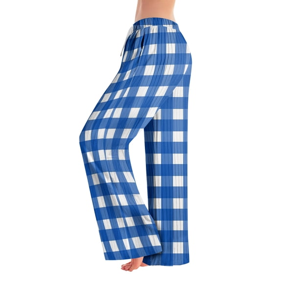 WTOBBY Women's Fashion Plaid Print Elastic Waist Drawstring Loose Fit Pajama Bottoms with Straight Leg Design for Comfortable Sleeping and Home Activities,Blue 2XL