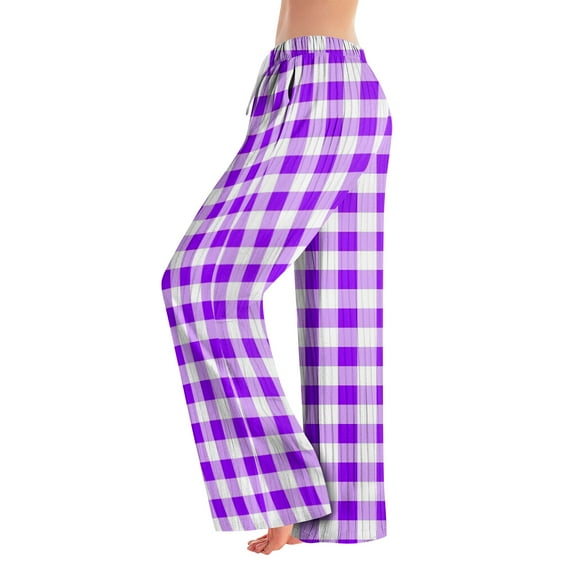 WTOBBY Women's Fashion Plaid Print Elastic Waist Drawstring Loose Fit Pajama Bottoms with Straight Leg Design for Comfortable Sleeping and Home Activities,Light Purple S