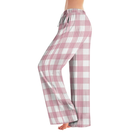 WTOBBY Women's Fashion Plaid Print Elastic Waist Drawstring Loose Fit Pajama Bottoms with Straight Leg Design for Comfortable Sleeping and Home Activities,Pink 2XL