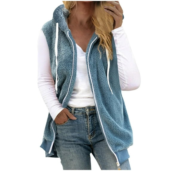 WTOBBY Women's Fashion Plush Vest with Zipper and Hood, Sleeveless Loose Fit Warm Jacket for Fall and Winter, Solid Color Soft Outerwear,Blue L