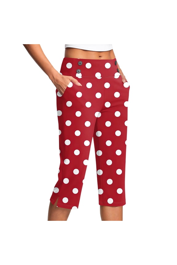 Women's Fashion Polka Dot Button Pocket Trousers with Slit High Waist, Sports Yoga Casual Cropped Pants for Summer, Lightweight and Stylish Design - Comfort Fit,Red S