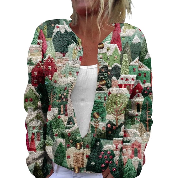 WTOBBY Women's Fashion Printed Long Sleeve Knitted Cardigan Button Down Jacket, Christmas Pattern Warm and Soft Outerwear for Casual and Party Wear,Green 5XL