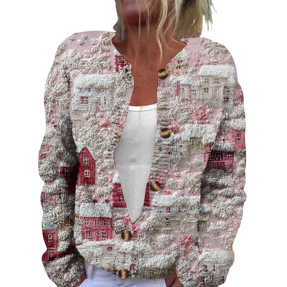 WTOBBY Women's Fashion Printed Long Sleeve Knitted Cardigan Button Down Jacket, Christmas Pattern Warm and Soft Outerwear for Casual and Party Wear,Pink S