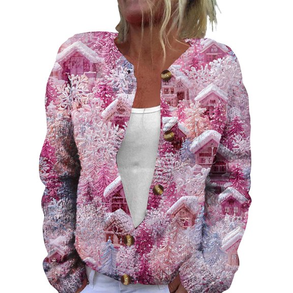 WTOBBY Women's Fashion Printed Long Sleeve Knitted Cardigan Button Down Jacket, Christmas Themed Soft and Warm Cardigan for Casual and Holiday Wear,Hot Pink S