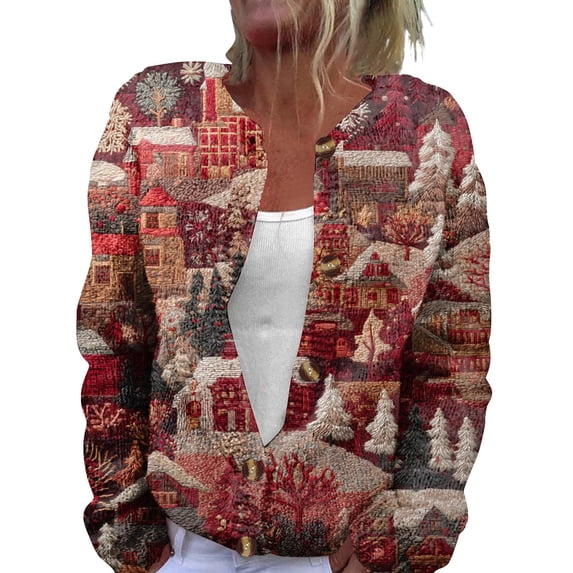 WTOBBY Women's Fashion Printed Long Sleeve Knitted Cardigan Button Down Jacket, Christmas Themed Soft and Warm Cardigan for Casual and Holiday Wear,Wine 4XL