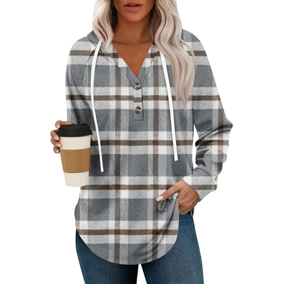 WTOBBY Women's Fashion Raglan Sleeve Long Sleeve Pullover with Pockets Preppy Graphic Hoodie, Retro Button Plaid Design, Comfortable and Trendy for Casual and Lounge Wear,Gray M