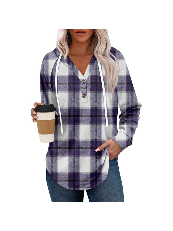 Women's Fashion Raglan Sleeve Long Sleeve Pullover with Pockets Preppy Graphic Hoodie, Retro Button Plaid Design, Comfortable and Trendy for Casual and Lounge Wear,Purple S