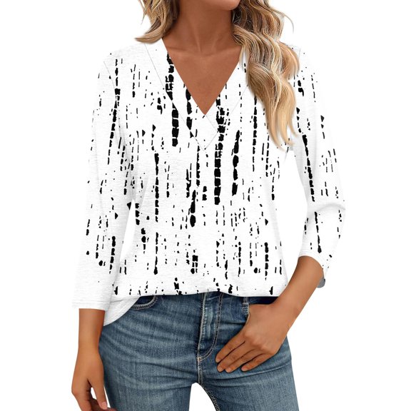 WTOBBY Women's Fashion Retro Floral Print V-Neck 3/4 Sleeve T-Shirt Tops, Casual Basic Tees with Shoulder Fit, Loose Blouse for Daily Fashion,White XL