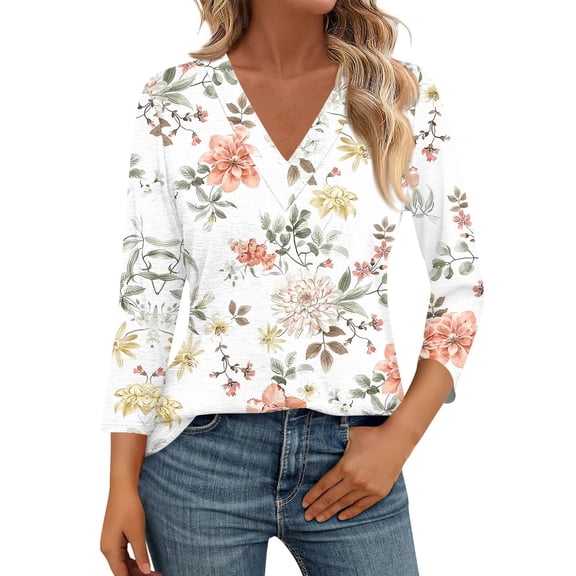 WTOBBY Women's Fashion Retro Floral Print V-Neck 3/4 Sleeve T-Shirt Tops, Casual Basic Tees with Shoulder Fit, Loose Blouse for Stylish Outfits,White XL