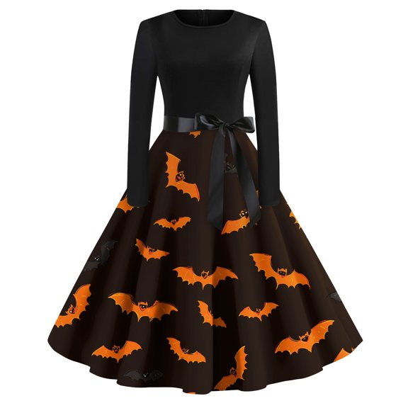 WTOBBY Women's Fashion Round Neck Casual Slim Halloween Printed Long Sleeve Audrey Hepburn Style Dress with Retro Design for Party and Everyday Wear ,Ginger S