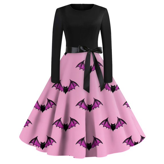 WTOBBY Women's Fashion Round Neck Casual Slim Halloween Printed Long Sleeve Audrey Hepburn Style Dress with Retro Design for Party and Everyday Wear ,Pink S