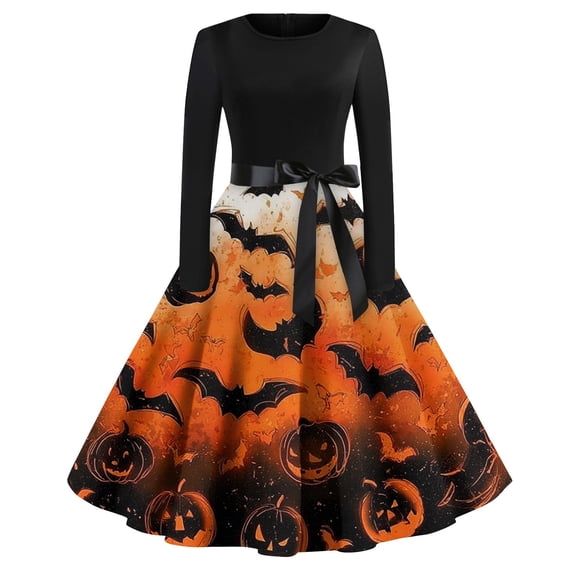 WTOBBY Women's Fashion Round Neck Casual Slim Halloween Printed Long Sleeve Audrey Hepburn Style Dress with Retro Design for Party and Everyday Wear ,Saffron S