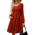 thumbnail image 1 of WTOBBY Women's Fashion Round Neck Casual Slim Solid Waist Long Sleeve Dresses - Elegant and Fitted Dress with Waist Accent, Perfect for Slimming Silhouettes or Office Wear,Red L, 1 of 5