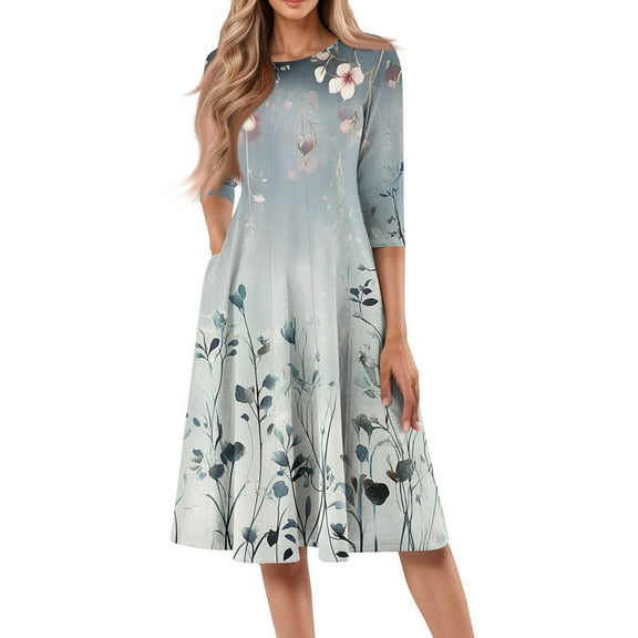 WTOBBY Women's Fashion Round Neck Floral Print 3/4 Sleeve Midi Dress, Stylish Digital Design Sundress with Flowy Silhouette for Summer,Light Gray S