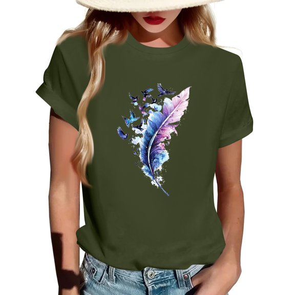 WTOBBY Women's Fashion Round Neck Short Sleeve Pullover Top with Feather Print Design, Casual T-Shirt for Daily Comfort, Perfect for Warm Weather,Army Green 2XL