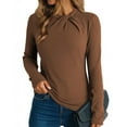 thumbnail image 1 of WTOBBY Women's Fashion Round Neck Solid Color Pullover Long Sleeve Casual Top, Comfort Knit Tee with Soft Fabric, Everyday Essential for Layering,Coffee S, 1 of 5