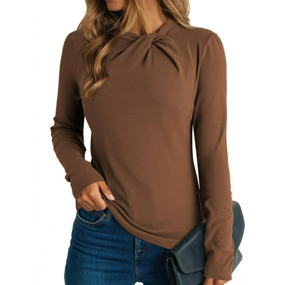 WTOBBY Women's Fashion Round Neck Solid Color Pullover Long Sleeve Casual Top, Comfort Knit Tee with Soft Fabric, Everyday Essential for Layering,Coffee S