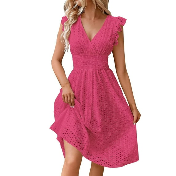 WTOBBY Women's Fashion Ruffle Sleeve Mid-Length V-Neck Lace Hollow Out Solid Color Casual Dresses, Elegant and Breathable for Party or Daily Use,Hot Pink 2XL
