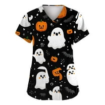 WTOBBY Women's Fashion Short Sleeve Halloween Printed V-Neck Top with Pocket Detail, Workwear Style for Caregiver Uniforms and Nursing Apparel, Shirt Perfect for Seasonal Costume Events,Black L