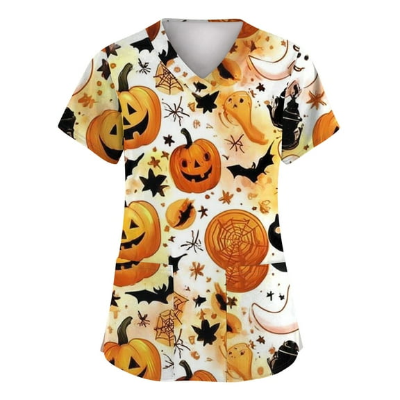 WTOBBY Women's Fashion Short Sleeve Halloween Printed V-Neck Top with Pocket Detail, Workwear Style for Caregiver Uniforms and Nursing Apparel, Shirt Perfect for Seasonal Costume Events,Orange S