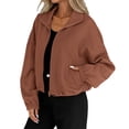 thumbnail image 1 of WTOBBY Women's Fashion Solid Color Baseball Jacket with Long Sleeve, High Neck, Drawstring Hem, and Pockets,Brown XL, 1 of 7