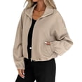 thumbnail image 1 of WTOBBY Women's Fashion Solid Color Baseball Jacket with Long Sleeve, High Neck, Drawstring Hem, and Pockets,Khaki S, 1 of 7