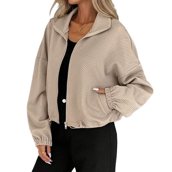 WTOBBY Women's Fashion Solid Color Baseball Jacket with Long Sleeve, High Neck, Drawstring Hem, and Pockets,Khaki S