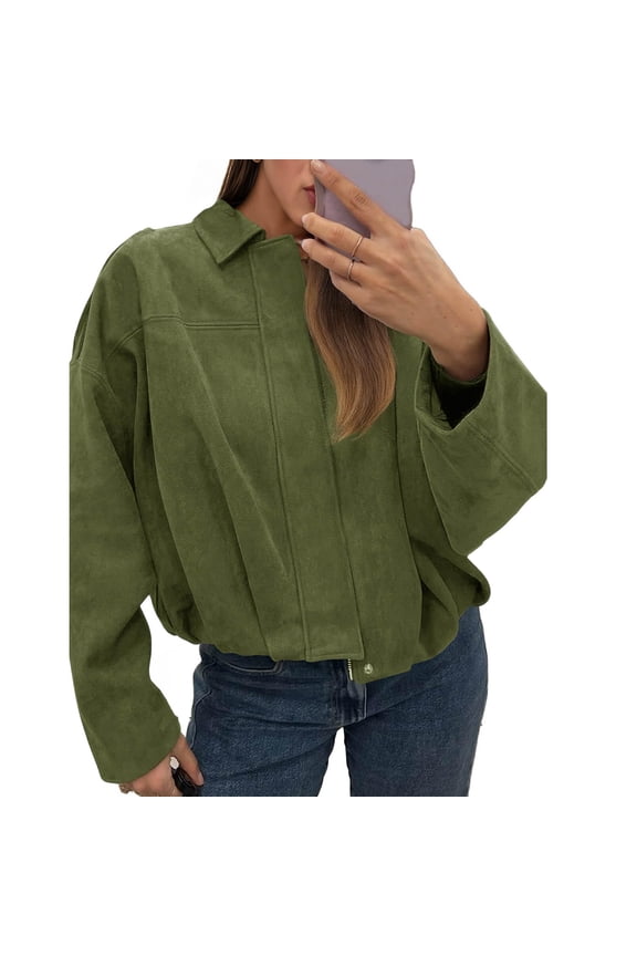 Women's Fashion Solid Color Batwing Sleeve Zipper Jacket, Pilot Style Top with Casual Outerwear Design,Army Green S