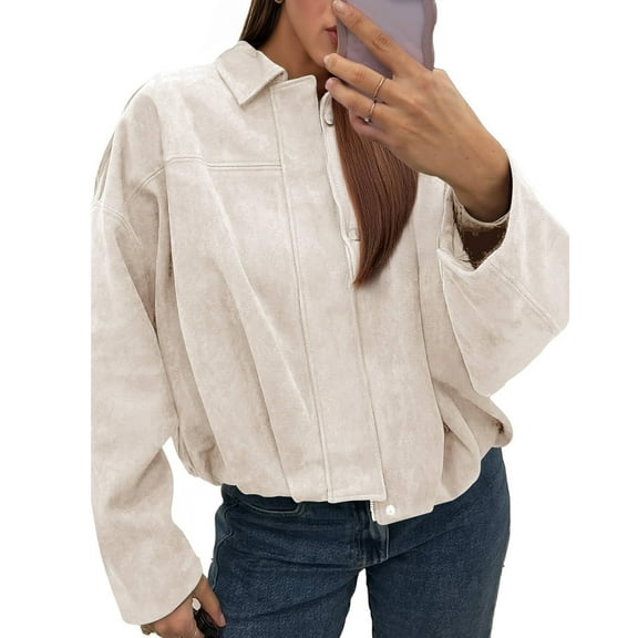 WTOBBY Women's Fashion Solid Color Batwing Sleeve Zipper Jacket, Pilot Style Top with Casual Outerwear Design,Beige L