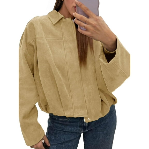 WTOBBY Women's Fashion Solid Color Batwing Sleeve Zipper Jacket, Pilot Style Top with Casual Outerwear Design,Khaki L