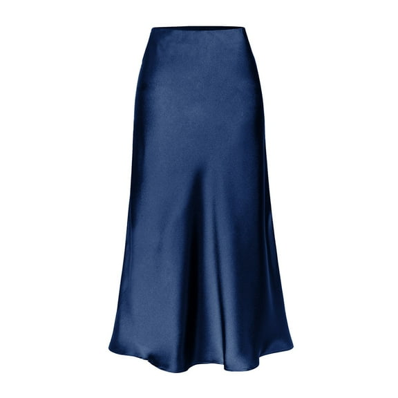WTOBBY Women's Fashion Solid Color Elastic High Waist Skirt with Side Split, Mid Length Midi Skirt Design for Casual Wear, Bohemian A-Line Style for Daily Outfits,Navy M