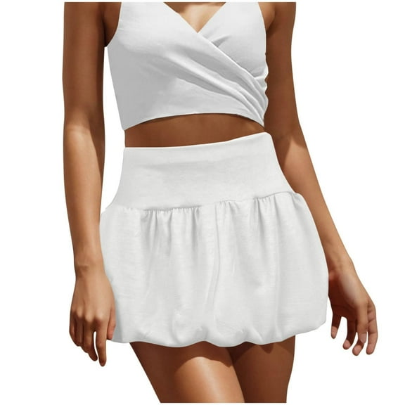 WTOBBY Women's Fashion Solid Color High Waist Bubble Skirt, Double Layer Design with Light Stretch, Casual Half Skirt for Office and Party Wear, Elegant Tiered Style,White M