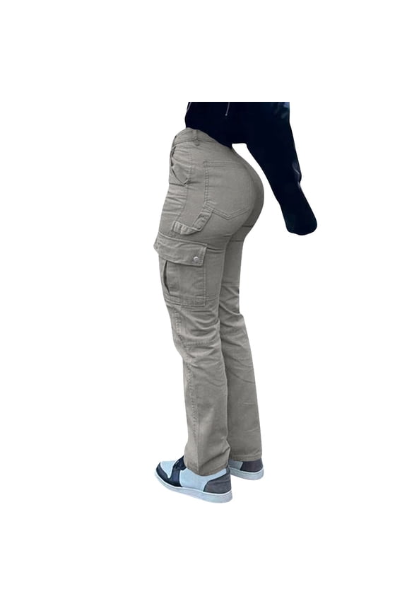 Women's Fashion Solid Color High Waist Hip Lifting Work Clothes Jeans with Multiple Pockets, Stylish and Functional Denim Pants for Casual Wear,Beige L